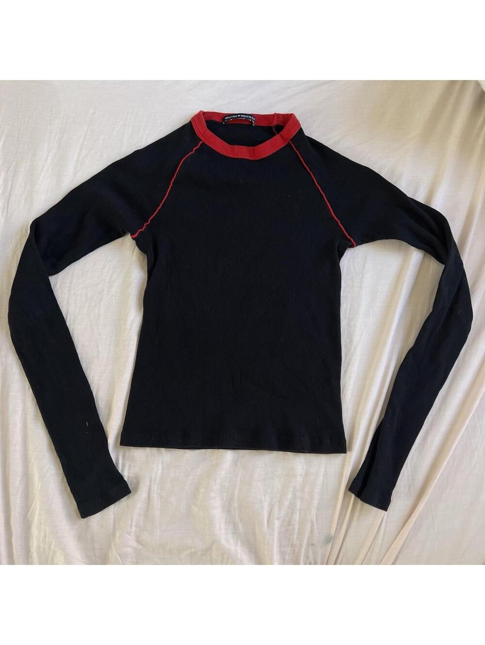 Brandy Melville Black Ribbed Long Sleeve Top Red Contrast Stitching One Size